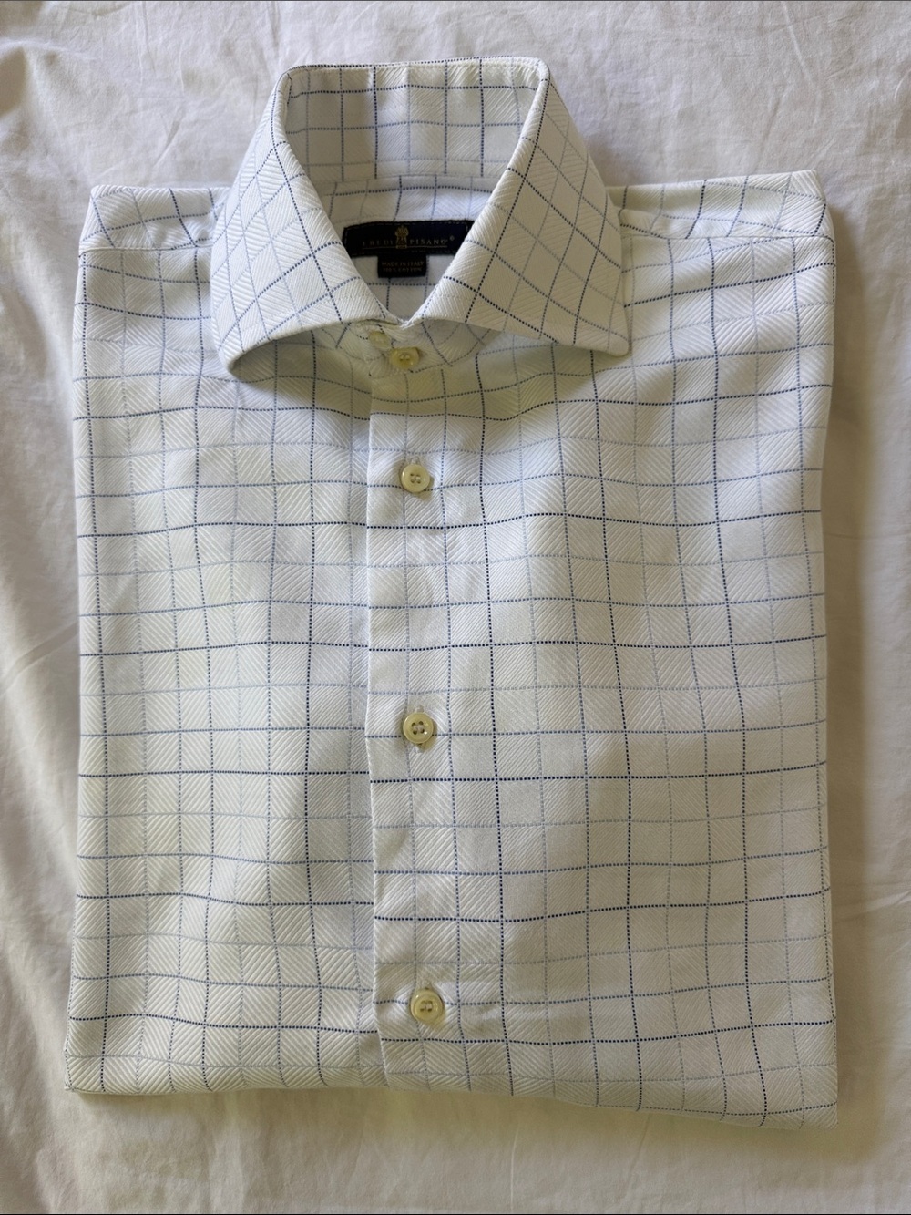 Eredi Pisano Men's White Windowpane Dress Shirt, 15.75 Collar